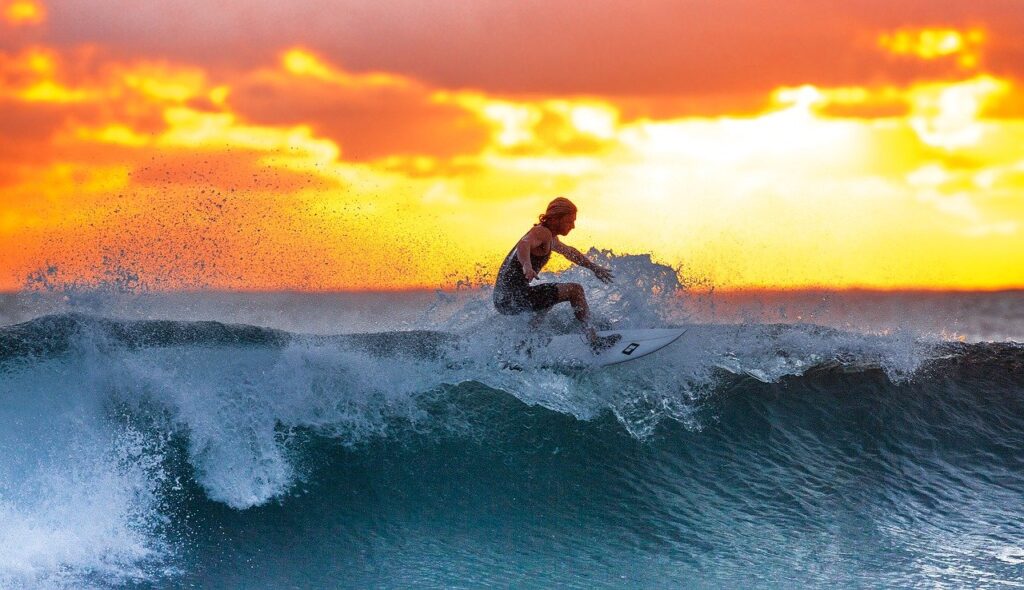 surfing, sunset, sea